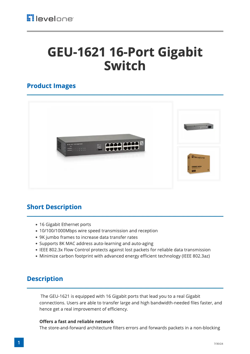 Page n°1 - Fiche technique LevelOne GEU-1621