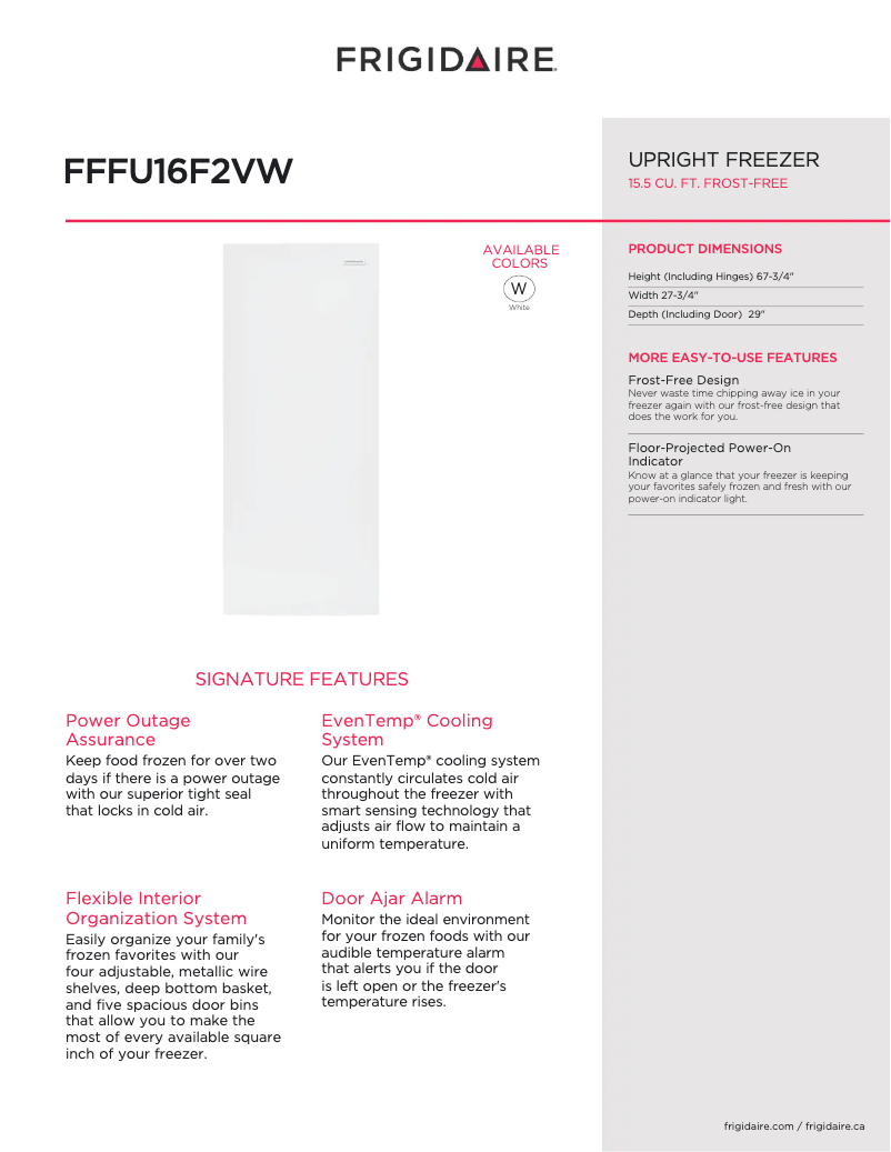 Página 1 del manual Ficha técnica Frigidaire FFFU16F2VW