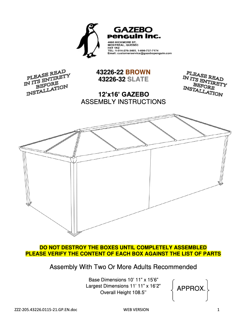 Page n°1 - Manuel utilisateur Gazebo Penguin 43226-22