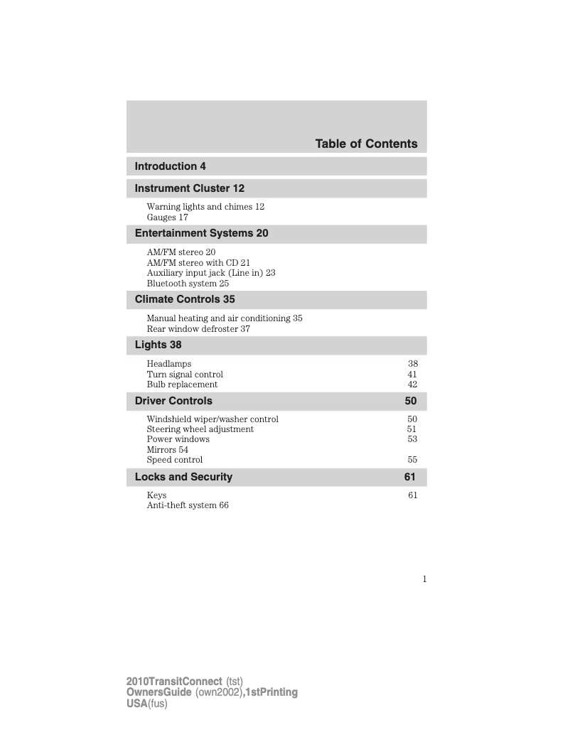 Page 1 de la notice Manuel utilisateur Ford Transit Connect (2010)