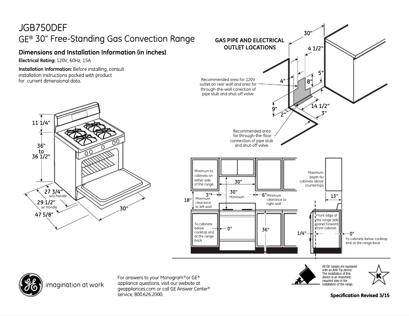 Page 1 of the manual Technical Sheet GE JGB750DEFWW