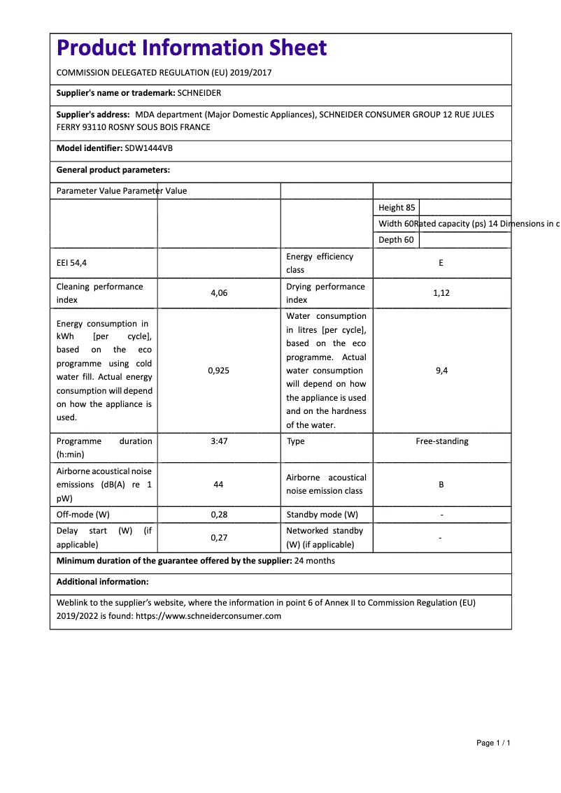 Page 1 de la notice Manuel utilisateur Schneider SDW1444V