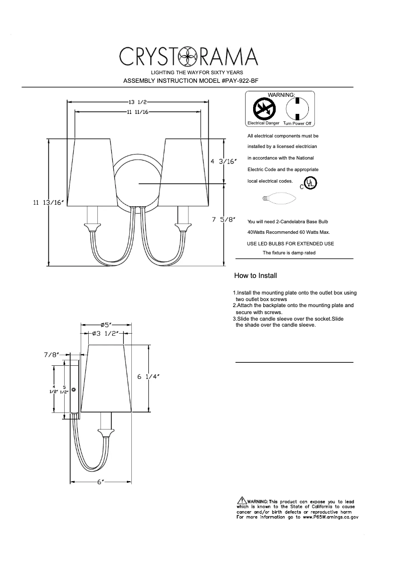 Page 1 de la notice Manuel utilisateur Crystorama Payton PAY-922-BF