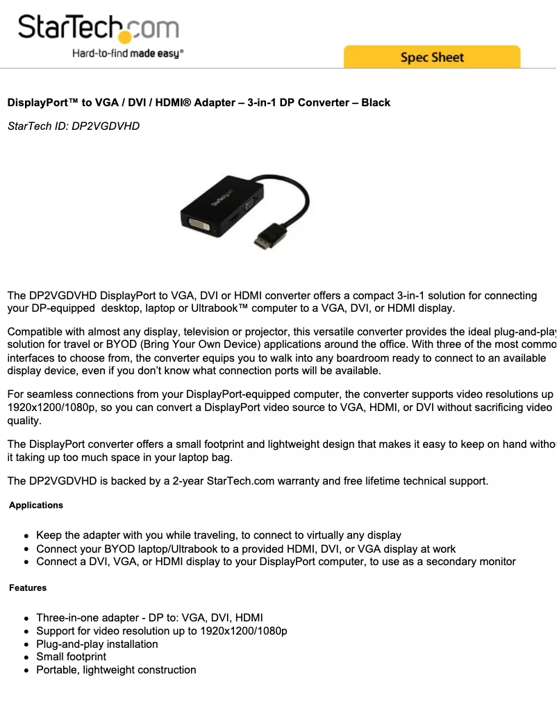 Page 1 de la notice Brochure StarTech.com DP2VGDVHD