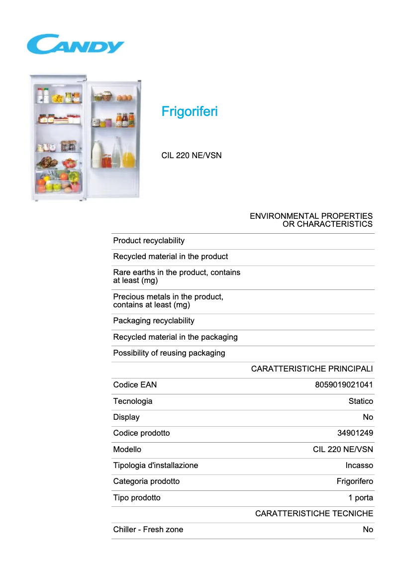Page 1 de la notice Fiche technique Candy CIL 220 NE/VSN