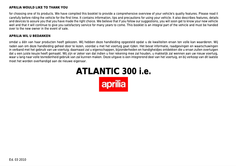 Page 1 de la notice Manuel utilisateur Aprilia Atlantic 300 i.e