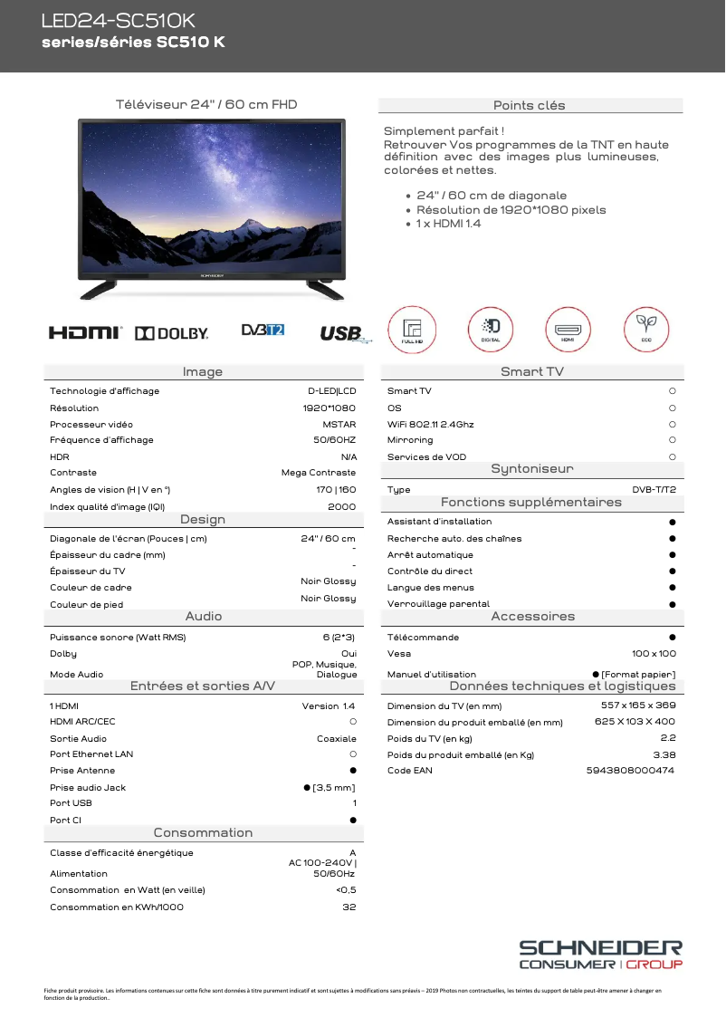 Page 1 de la notice Fiche technique Schneider LED24-SC510K