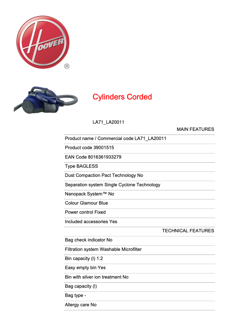 Página 1 del manual Ficha técnica Hoover Lander LA71_LA20011