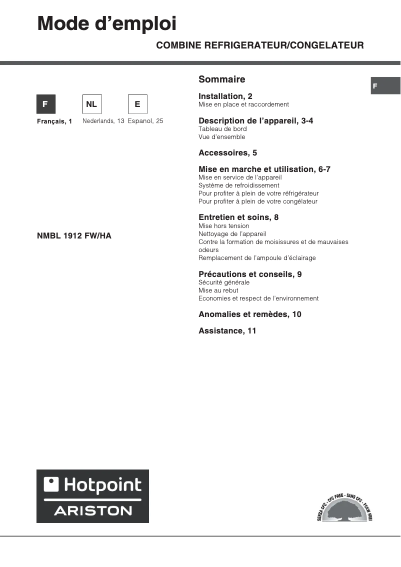 Page 1 de la notice Manuel utilisateur Hotpoint Ariston NMBL 1912 FW/HA