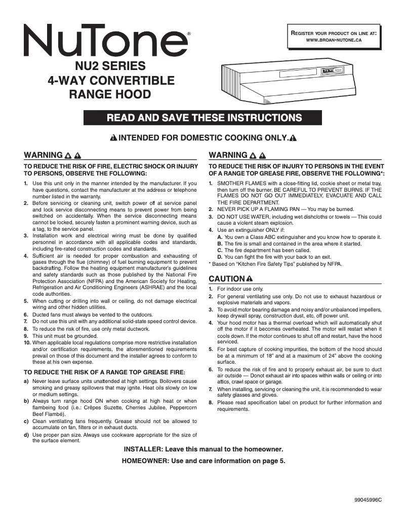 Página 1 del manual Guía de instalación NuTone NU224WW