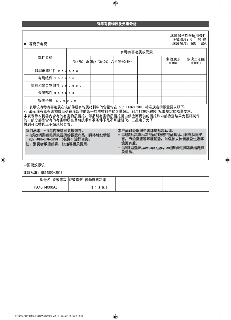 Page n°1 - Manuel utilisateur Samsung PA51H4000AJ