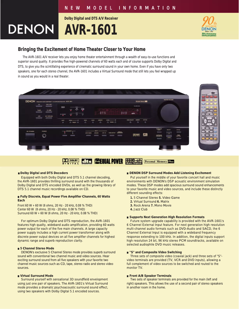 Imagen de la primera página del manual del dispositivo AVR-1601