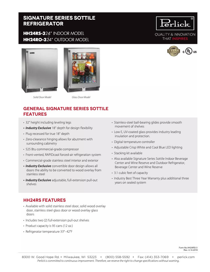 Page 1 de la notice Fiche technique Perlick HH24RO-3-3R