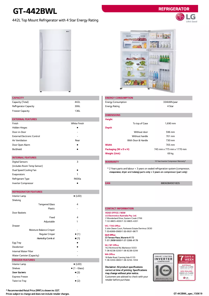 Page 1 de la notice Fiche technique LG GT-442BWL
