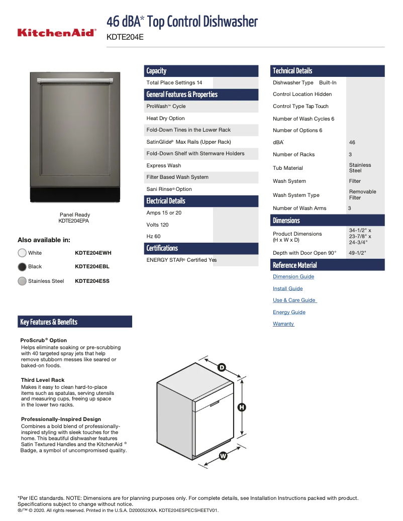 Page 1 de la notice Fiche technique KitchenAid KDTE204EPA