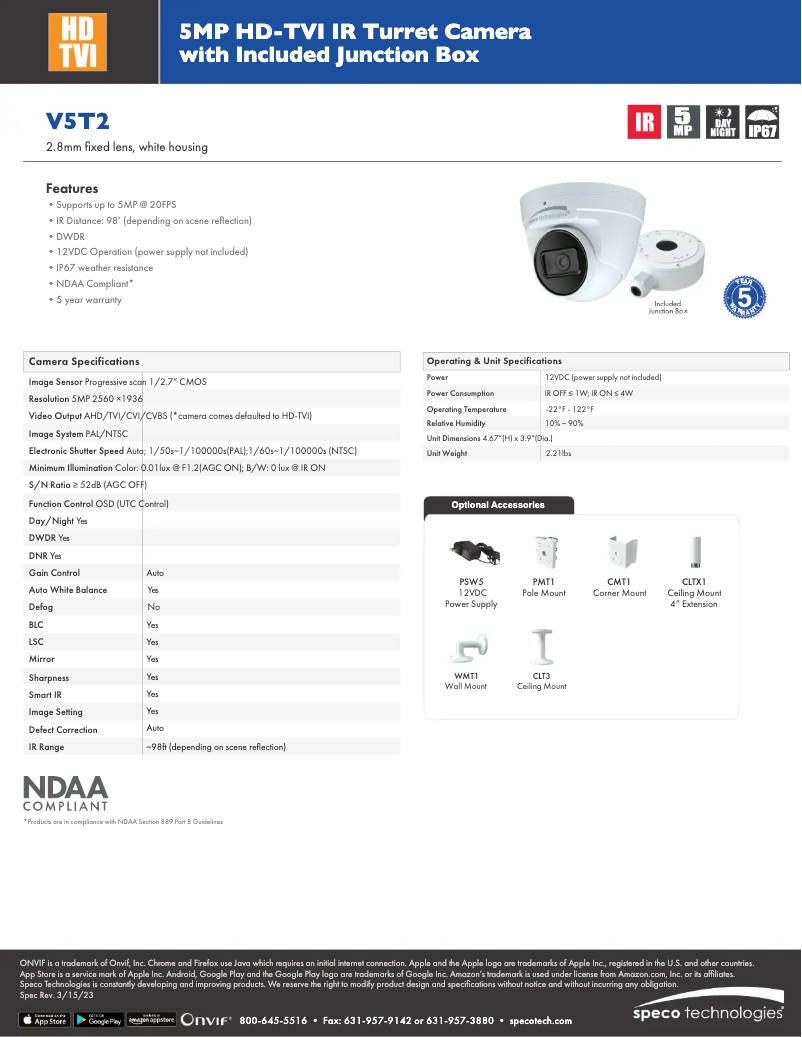 Page 1 de la notice Fiche technique Speco Technologies V5T2