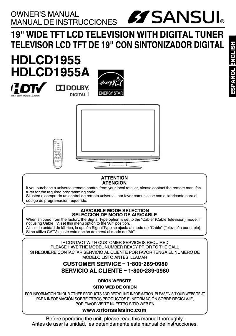 Image de la première page du manuel de l'appareil HDLCD1955
