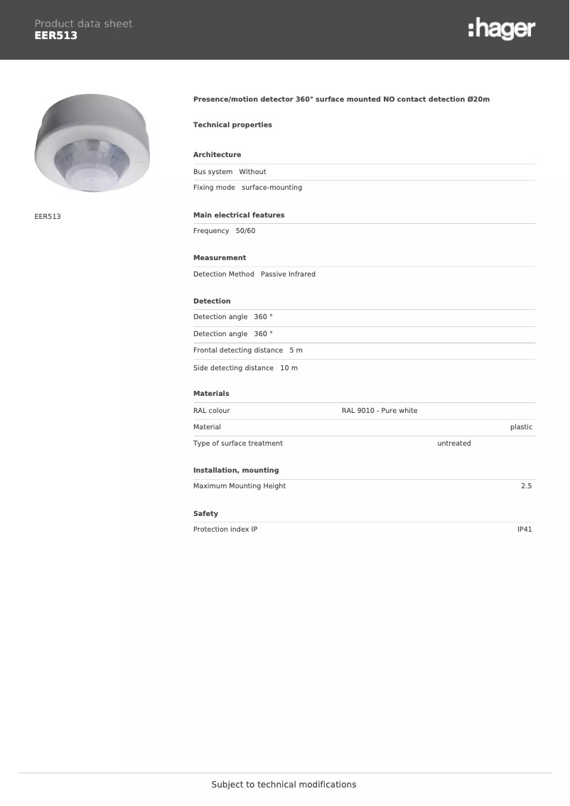 Page 1 de la notice Fiche technique Hager EER513