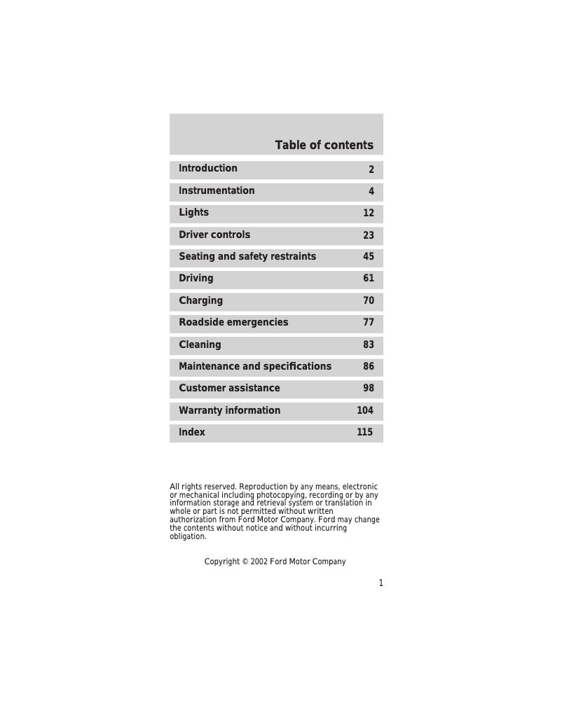 Page 1 de la notice Manuel utilisateur Ford TH!NK Neighbor (2002)