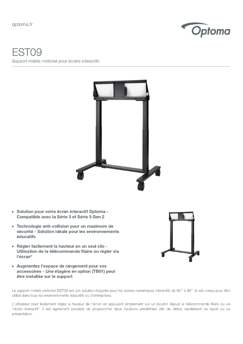 Page 1 de la notice Fiche technique Optoma EST09