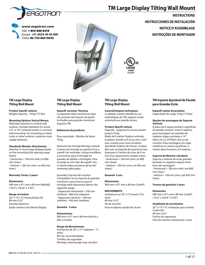 Page 1 de la notice Manuel utilisateur Ergotron TM Tilting Wall Mount