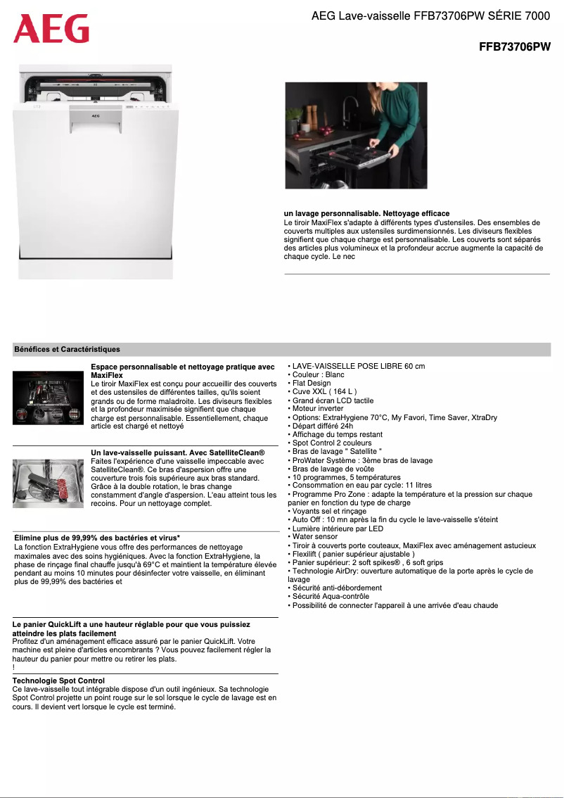 Page 1 de la notice Fiche technique AEG FFB73706PW