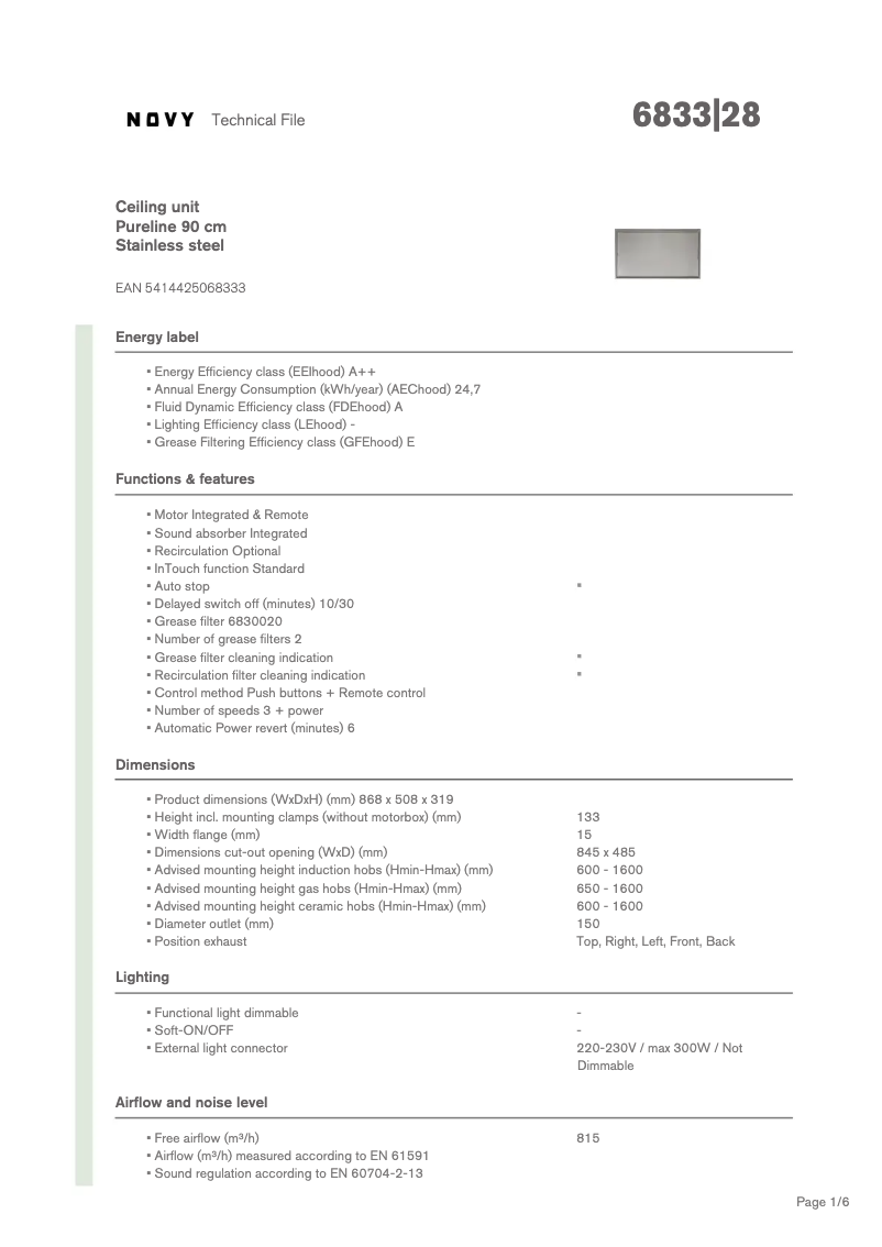 Page 1 de la notice Fiche technique Novy Pureline 6833