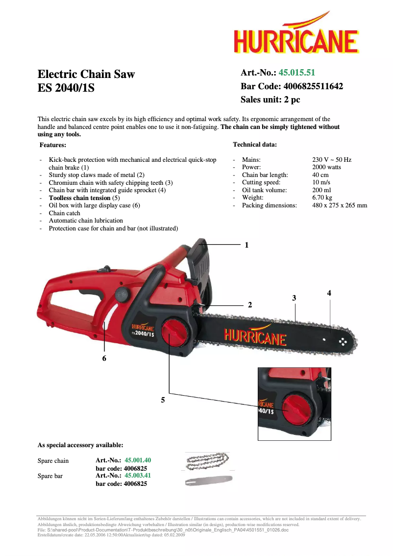 Page 1 de la notice Manuel utilisateur Hurricane ES 2040/1 S
