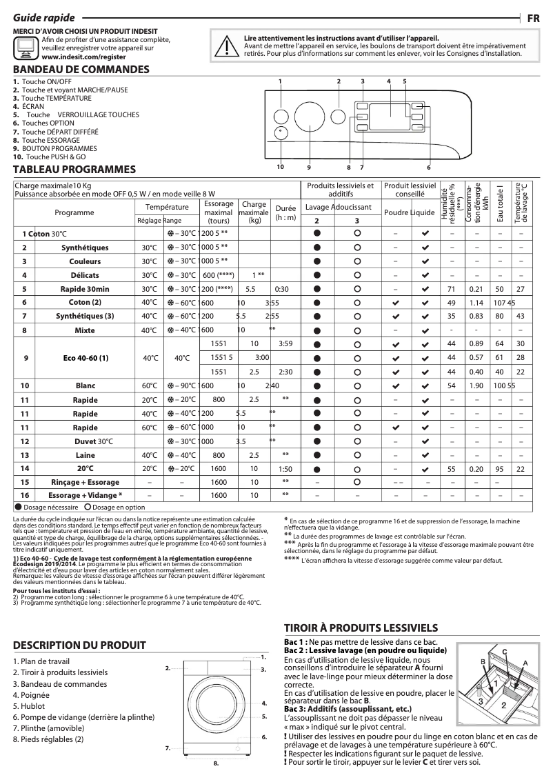 Page 1 de la notice Manuel utilisateur Indesit BWE101685XWKFR N