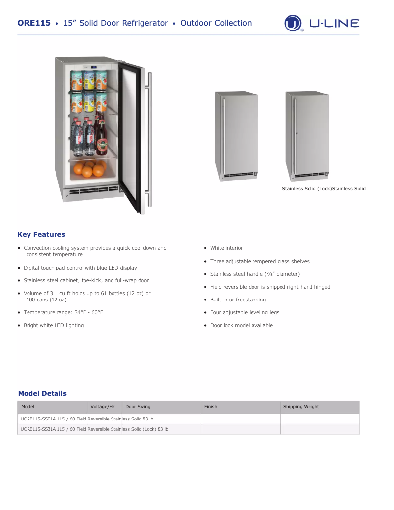 Page n°1 - Fiche technique U-Line UORE115