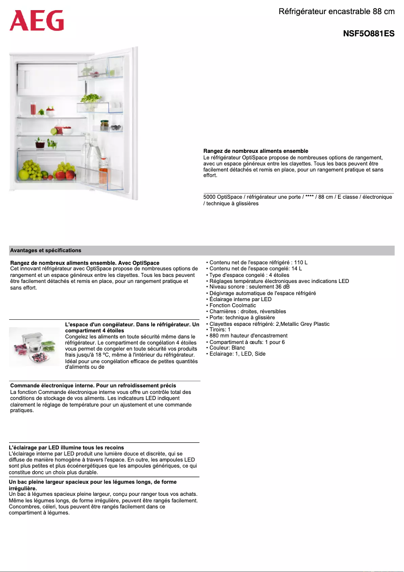 Page 1 de la notice Fiche technique AEG NSF5O881ES
