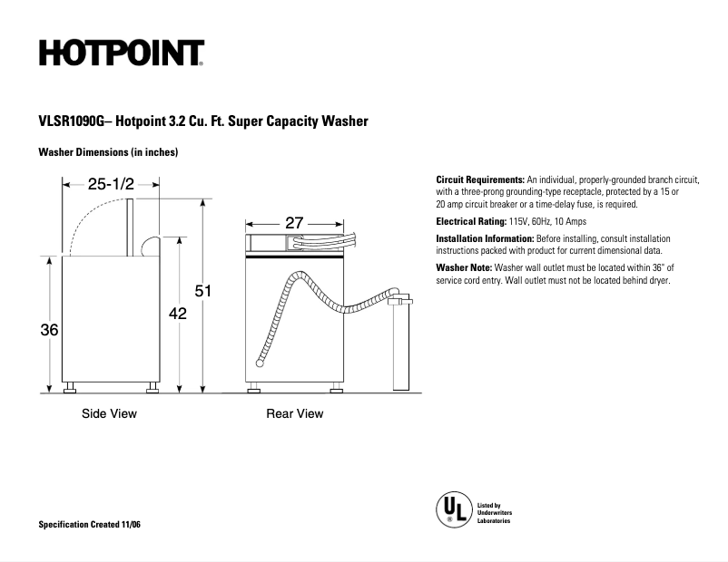 Página 1 del manual Ficha técnica GE VLSR1090GWW