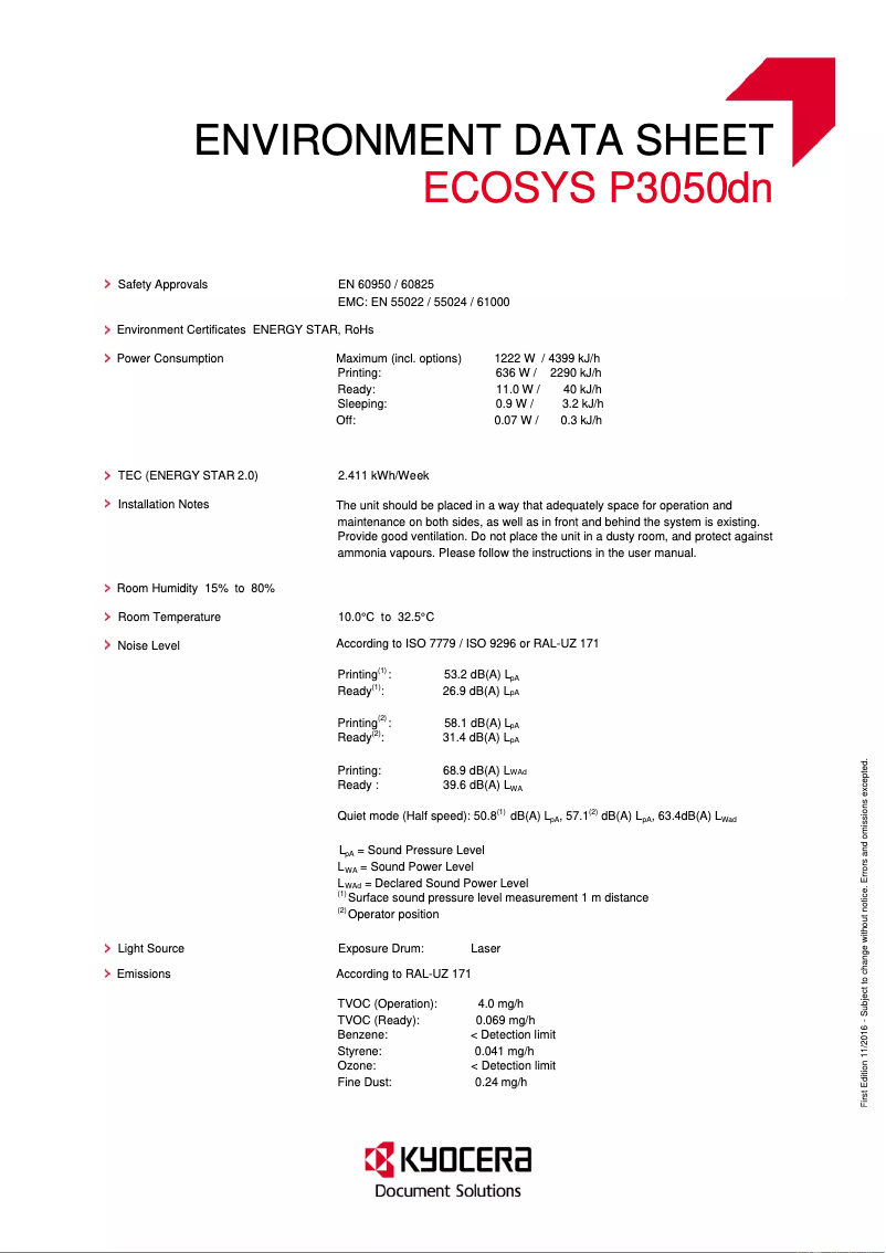 Page 1 de la notice Fiche technique Kyocera ECOSYS P3050dn