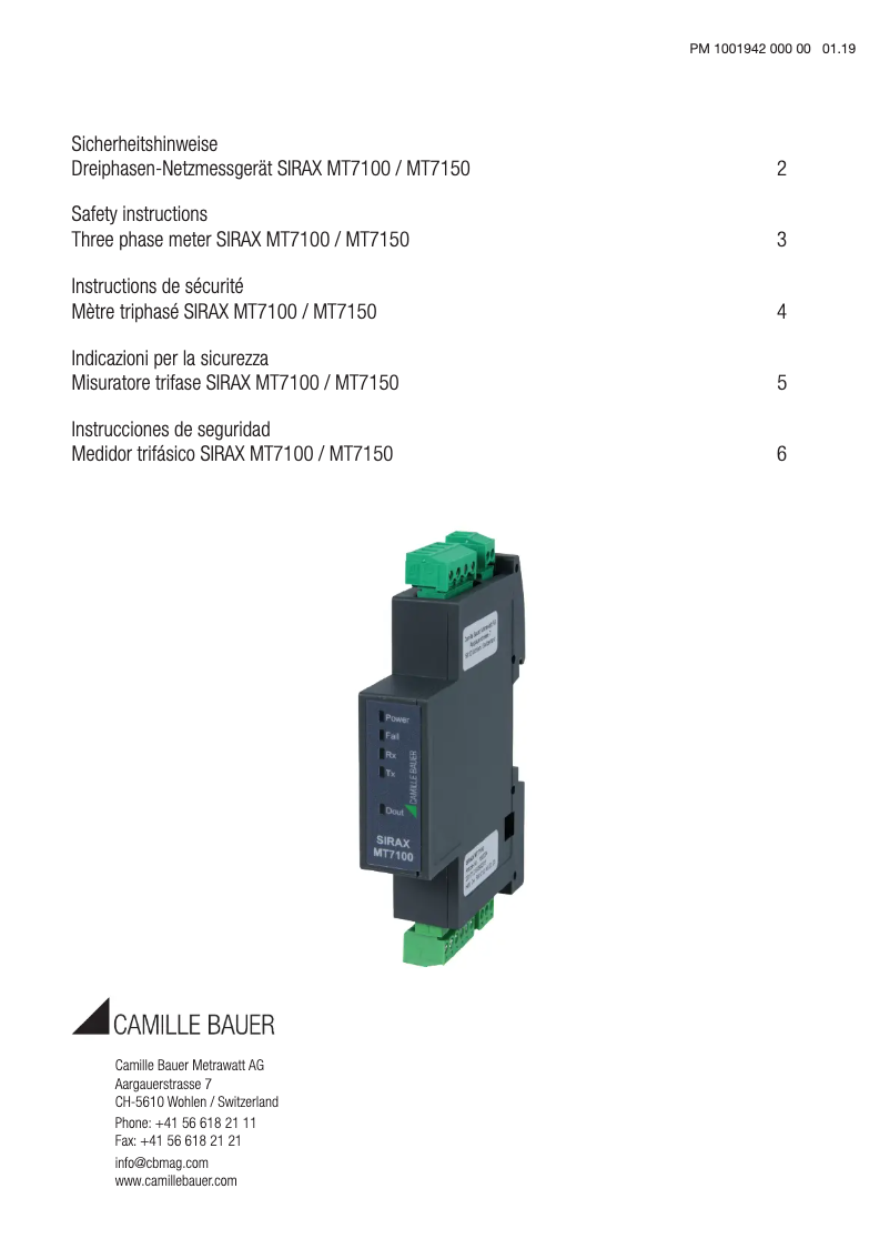 Page 1 de la notice Instructions de sécurité Camille Bauer SIRAX MT7150