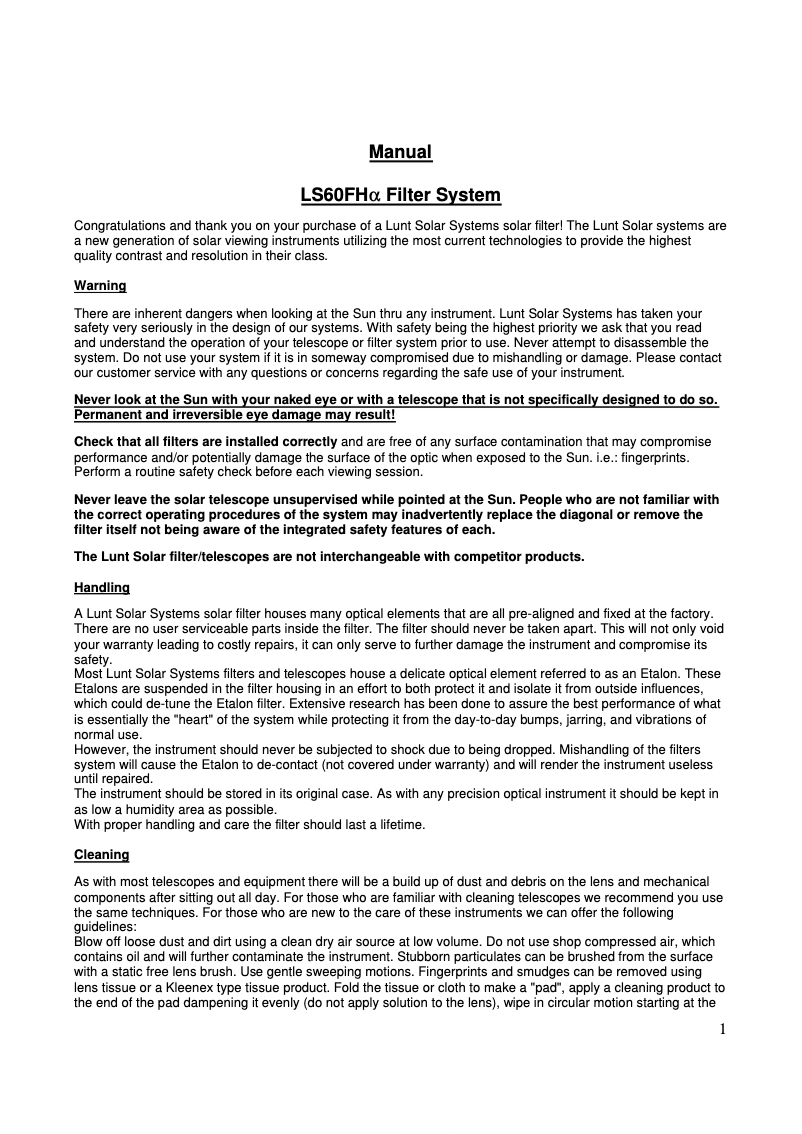 Page 1 de la notice Manuel utilisateur Lunt Solar Systems LS60FHa