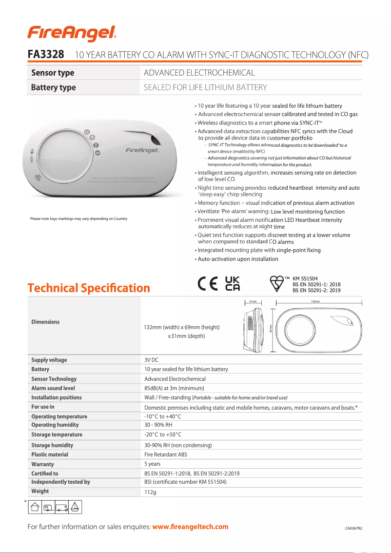Page n°1 - Fiche technique FireAngel FA3328-EUT
