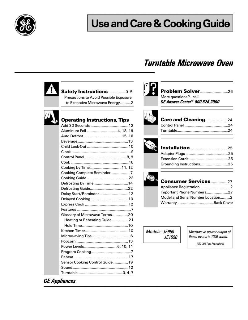 Page 1 de la notice Manuel d'utilisation et d'entretien GE JE1550GW