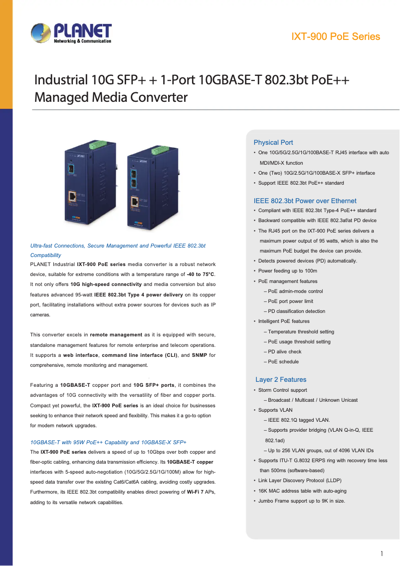 Page 1 de la notice Fiche technique Planet IXT-900-1X1UP