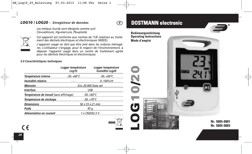 Page n°1 - Manuel utilisateur Dostmann Electronic LOG10
