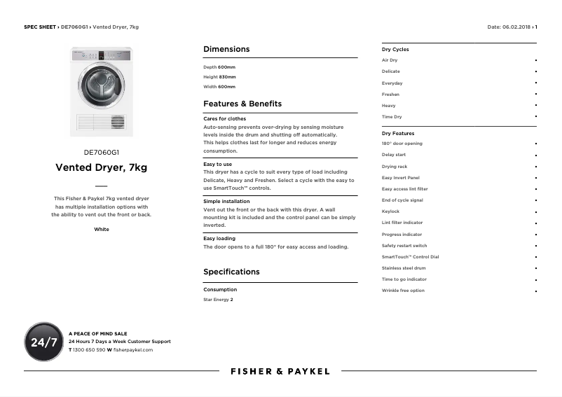 Page n°1 - Fiche technique Fisher & Paykel DE7060G1