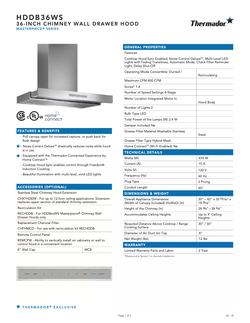 Page 1 de la notice Fiche technique Thermador HDDB36WS