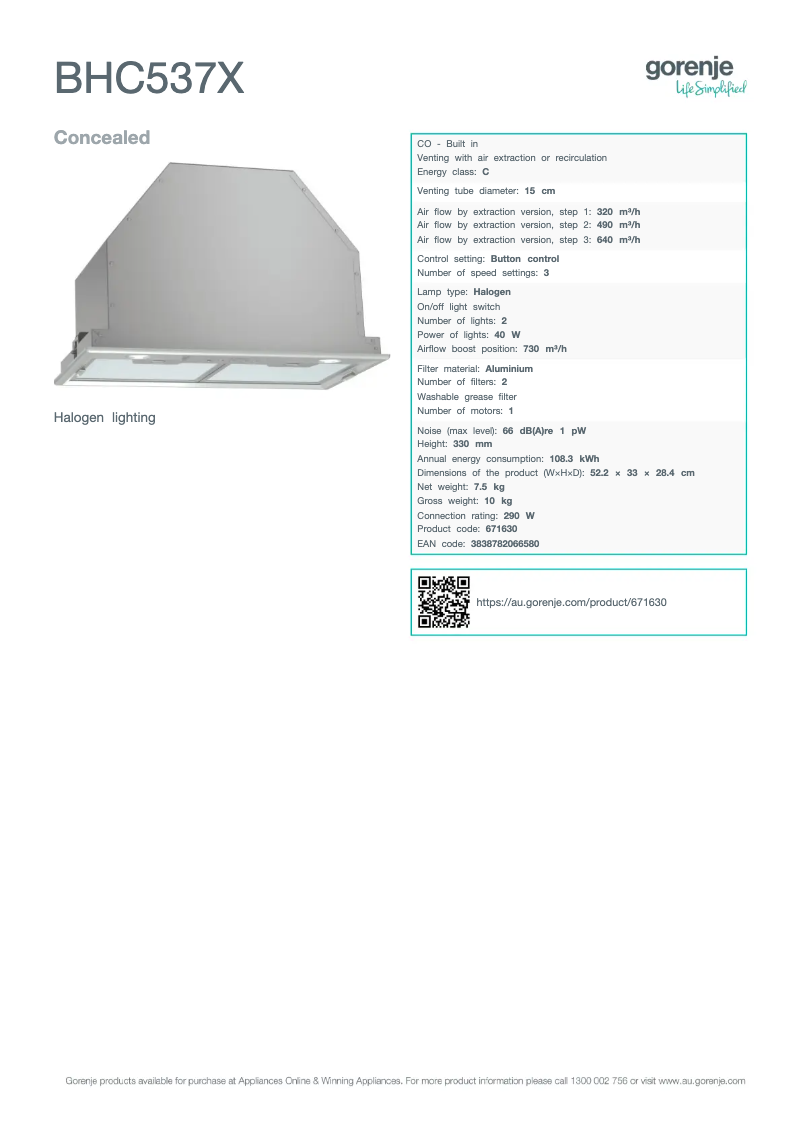 Page n°1 - Fiche technique Gorenje BHC537X