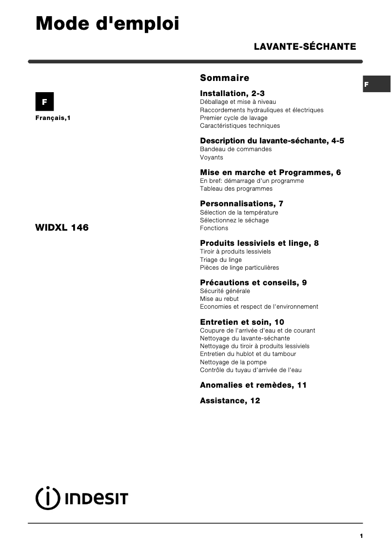 Image de la première page du manuel de l'appareil WIDXL 146 (FR)