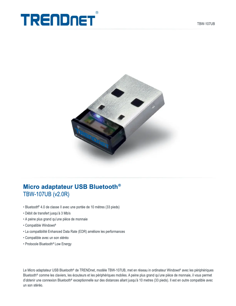 Page 1 de la notice Fiche technique TRENDnet TBW-107UB