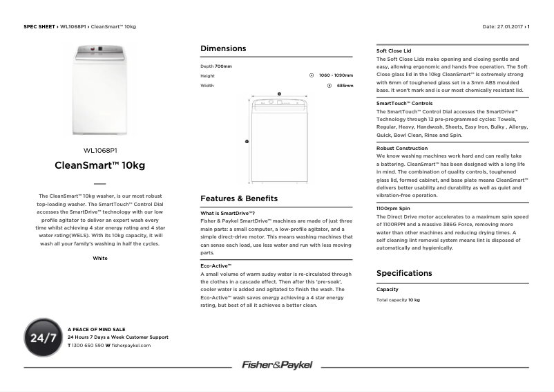 Page 1 de la notice Fiche technique Fisher & Paykel WL1068P1