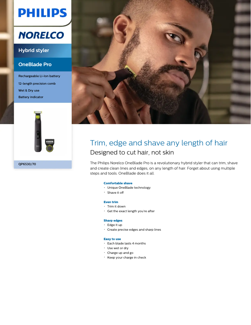 Page n°1 - Fiche technique Philips Oneblade Pro QP6530