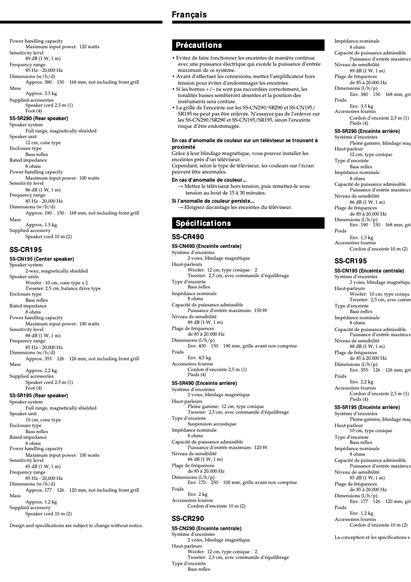 Page 1 de la notice Manuel utilisateur Sony SS-CR195