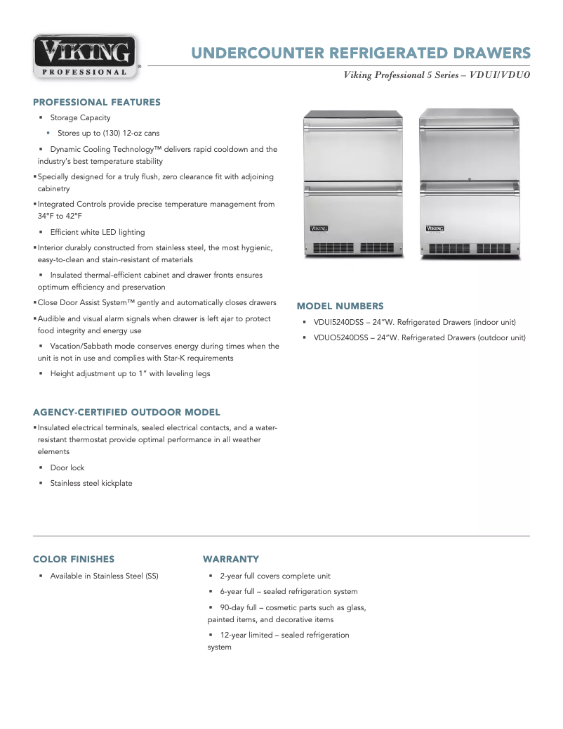 Page 1 de la notice Fiche technique Viking VDUO5240DSS