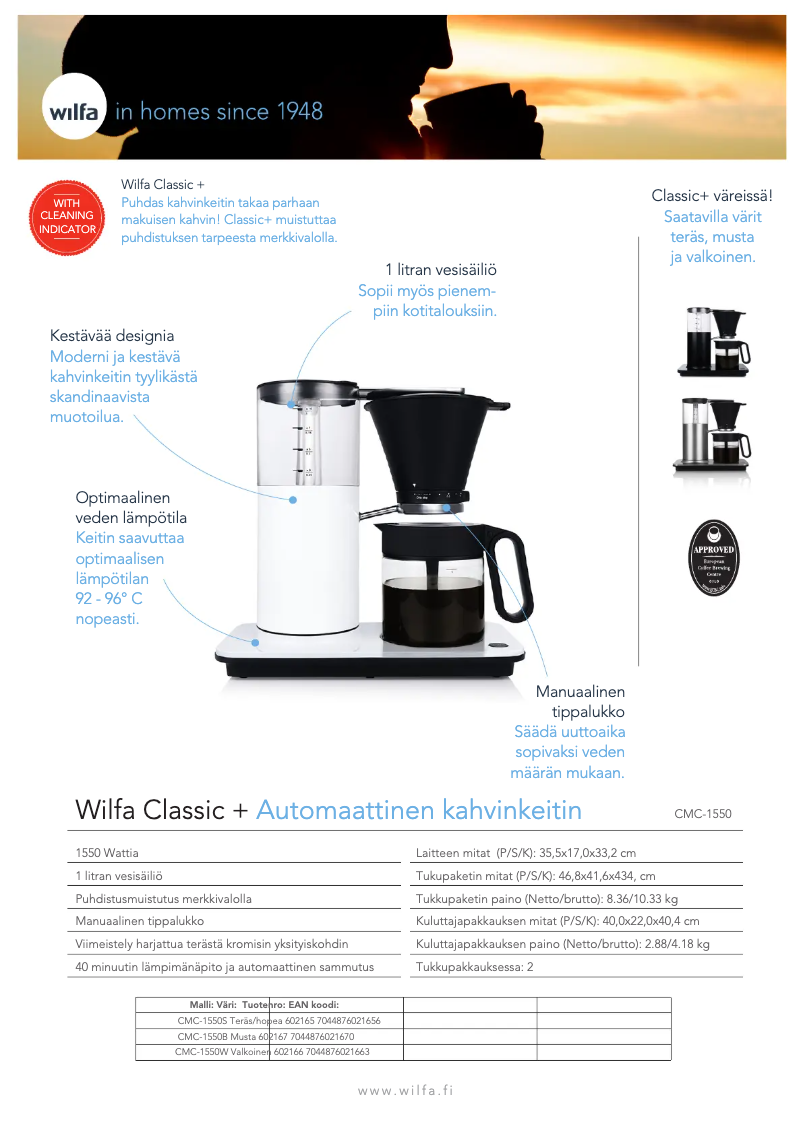 Page 1 de la notice Fiche technique Wilfa Classic+ CMC-1550W
