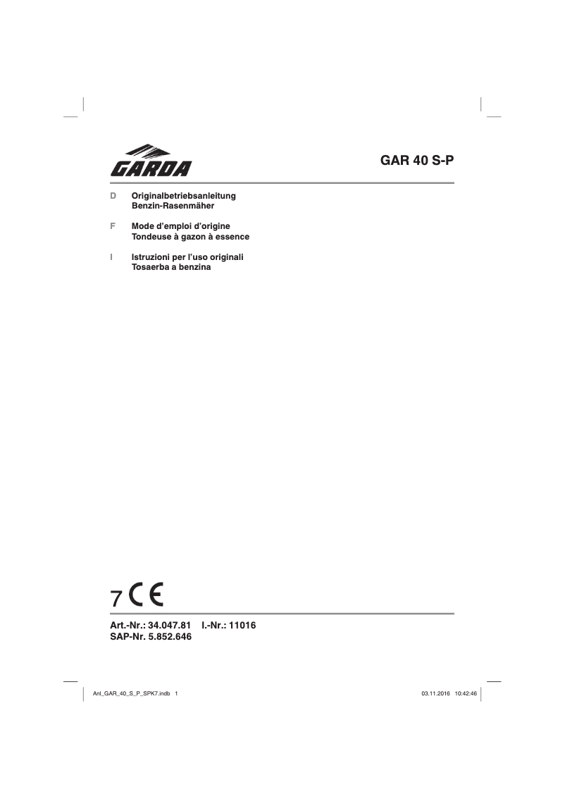 Page 1 de la notice Manuel utilisateur GARDA GAR 40 S-P